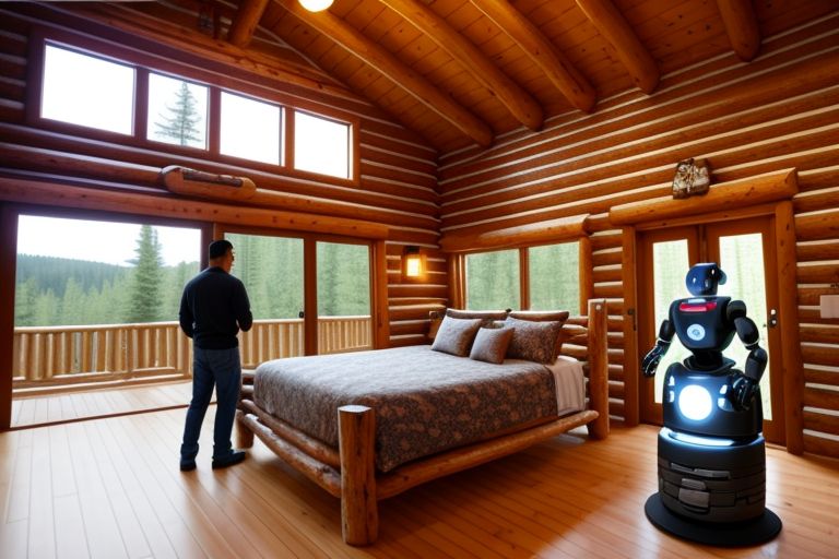 An AI robot and a human interacting inside of a large log cabin facility