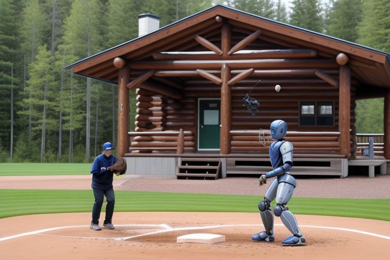 An AI robot playing a game of baseball catch with a human being, outside of a large log cabin facility