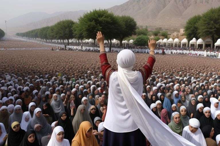 Iranian woman wearing a white headscarf yelling toward a crowd in theran