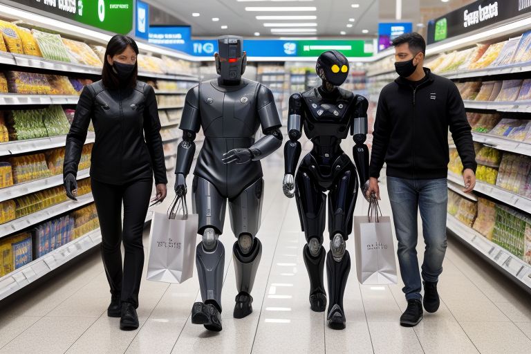 An futuristic group of AI robots and futuristic human beings, shopping in a futuristic grocery store together