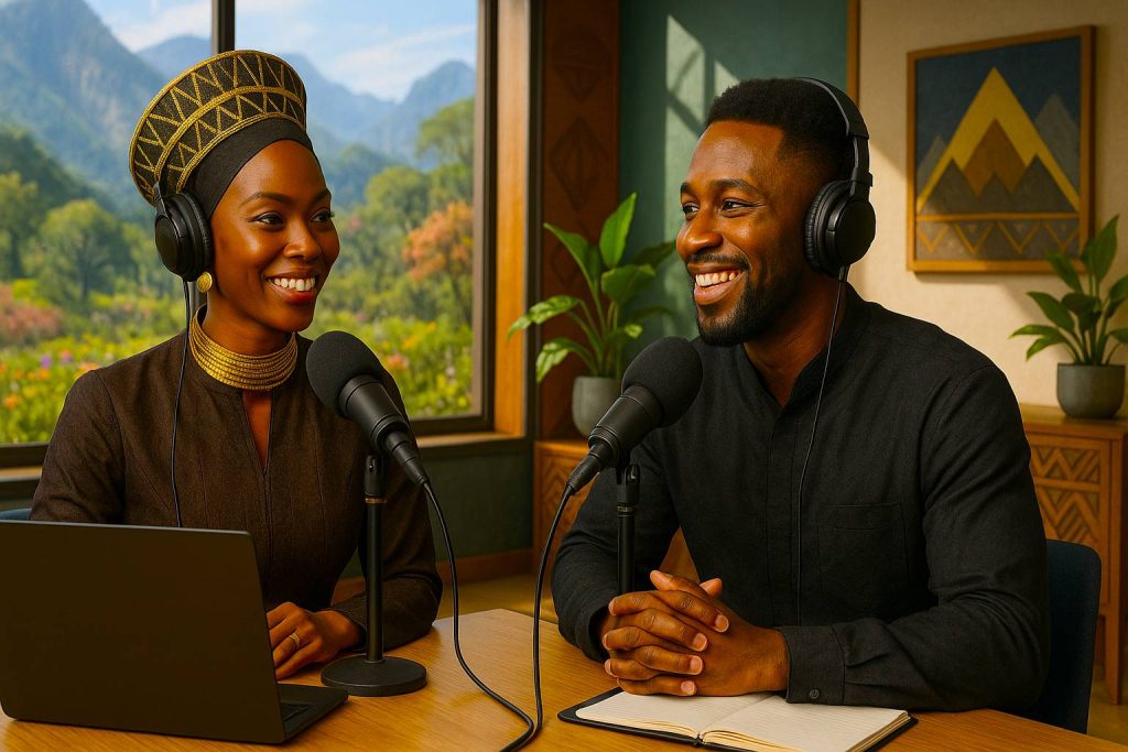 Please generate a photorealistic detailed as possible (not an illustration) image. It is for a YouTube video thumbnail, so please make it that widescreen proportion. The subjects are two African, regal podcasters from Wakanda who are HAPPILY developing an episode in a modern recording studio. They are smiling at each other and/or the camera. PLEASE NOTE: They are not a romantic couple, so do not show them making physical contact.
She is a gorgeous, stunning, but conservatively dressed (less exposed skin – more inner beauty and power), 35 year old African queen from Wakanda. She is a former model. He is a 35 year old handsome man from Wakanda.
It is a gorgeous, spring day in Wakanda, and there are very large windows in the studio, showing off the beautiful surrounding Wakandan mountainous, wilderness scenery in its colorful, flowery, spring glory. The studio furnishings and wall art also represents the Wakandan outdoors. Add relevant modern podcasting audio equipment, Wakandan studio furnishings, Wakandan art, lighting, etc.