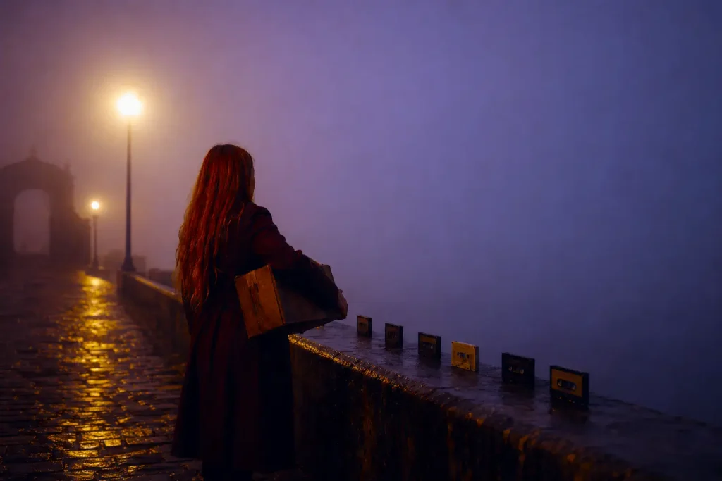 Mujer solitaria de espaldas frente al Río de la Plata en la madrugada invernal de Montevideo, con cassettes antiguos alineados sobre el muro de la Rambla y niebla plateada borrando el horizonte — imagen que acompaña el cuento "El Limo Nos Cubre a Todos", pieza literaria del álbum Uruguay en el Limo de TATANKA.